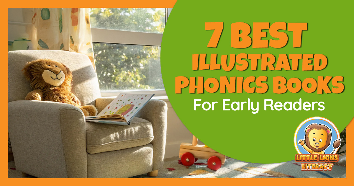 Child reading a phonics book with a plush lion toy.