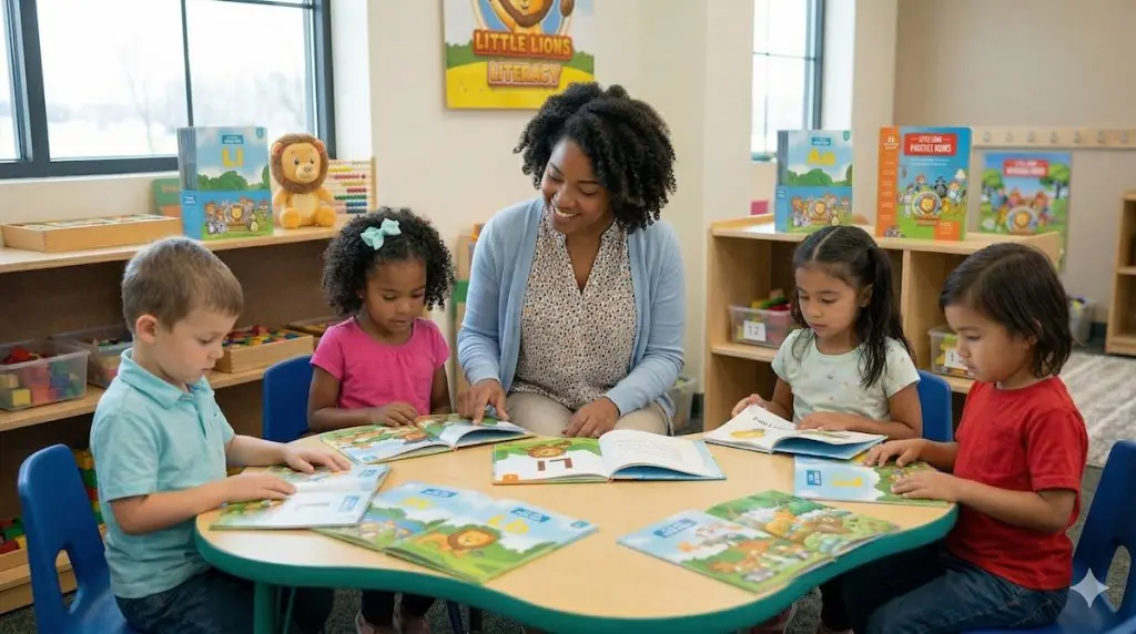 Teacher reading Little Lions Literacy alphabet books to young students