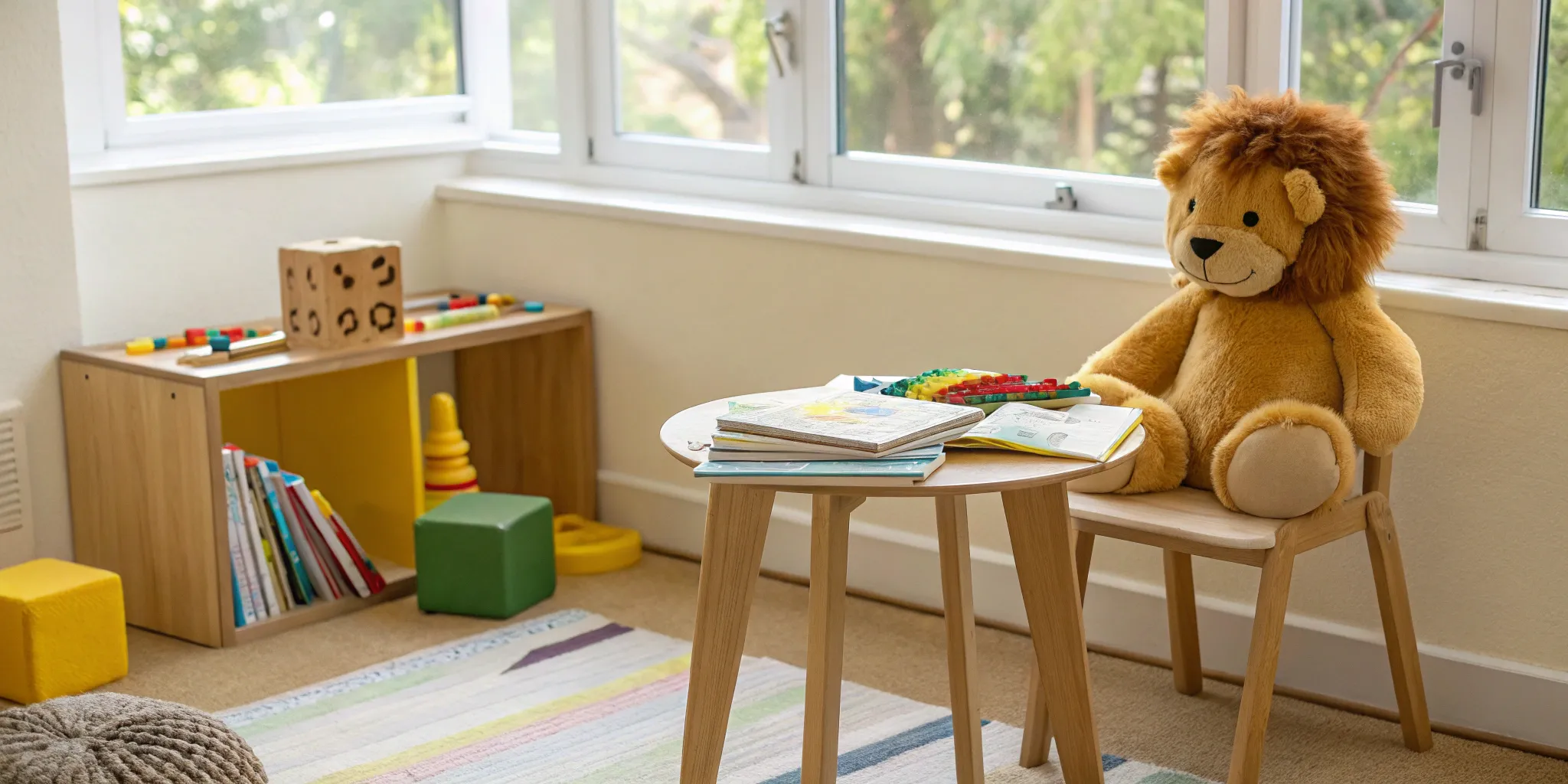A cozy kindergarten reading corner with CVC word books and a toy lion.