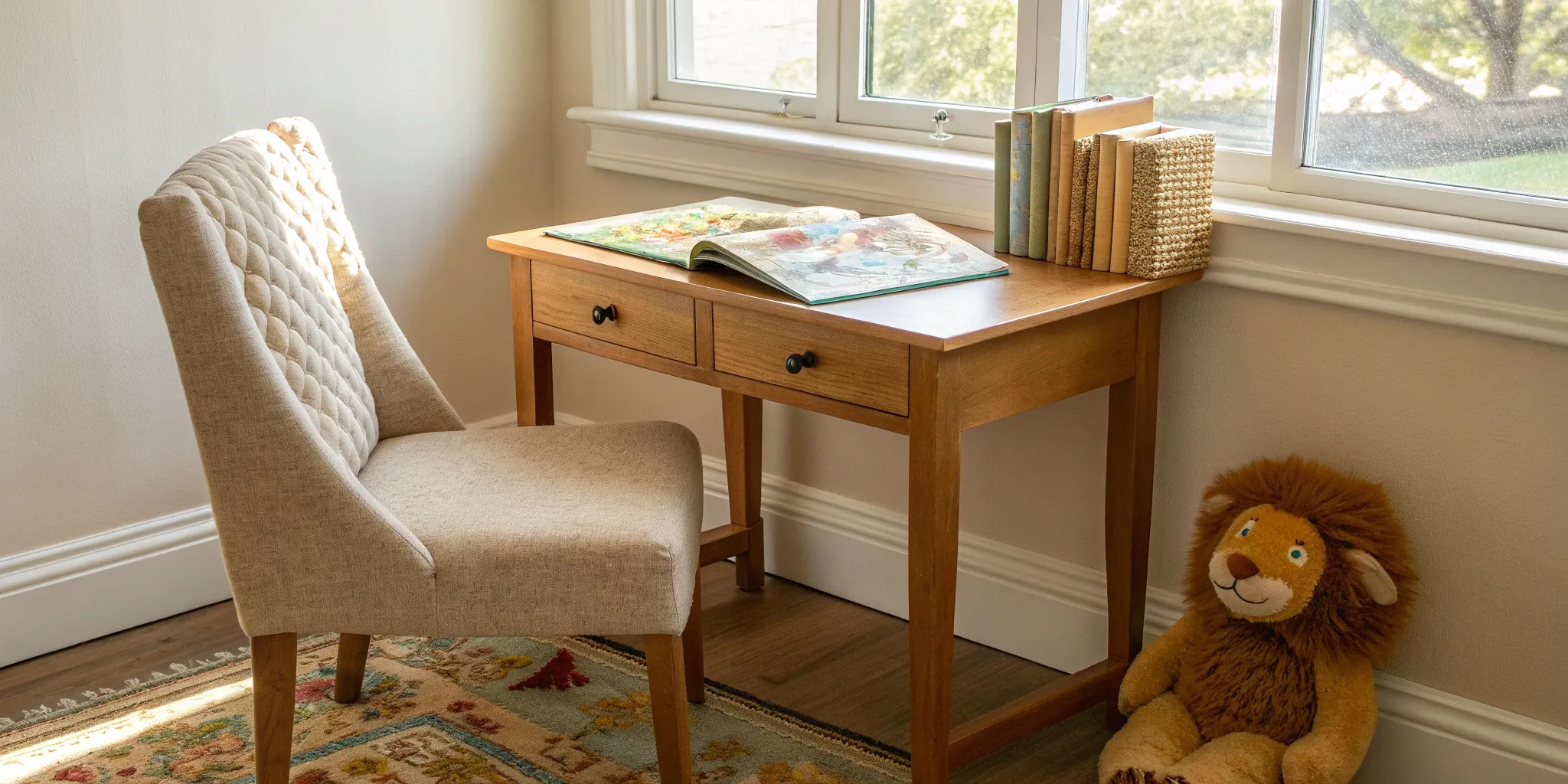 A desk with a workbook and plush lion, set up for a lesson with the best homeschool phonics program.