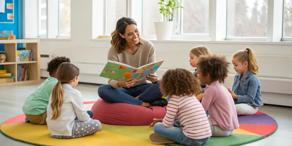 A 7 year old student confidently reads from a phonics book with a teacher.