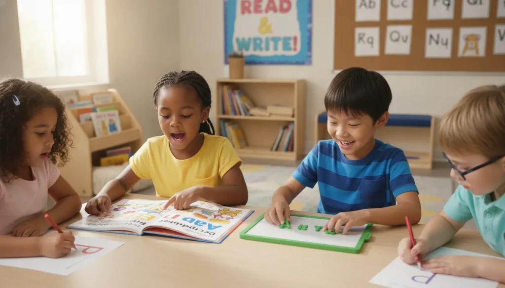 Children learning to read and spell in a warm, cozy classroom