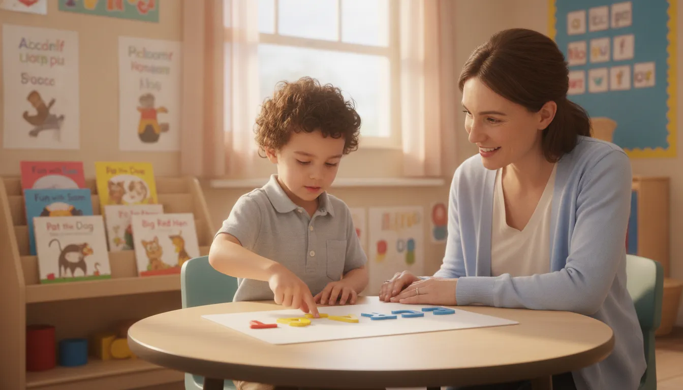 Teacher helping a beginning reader blend sounds with letter tiles