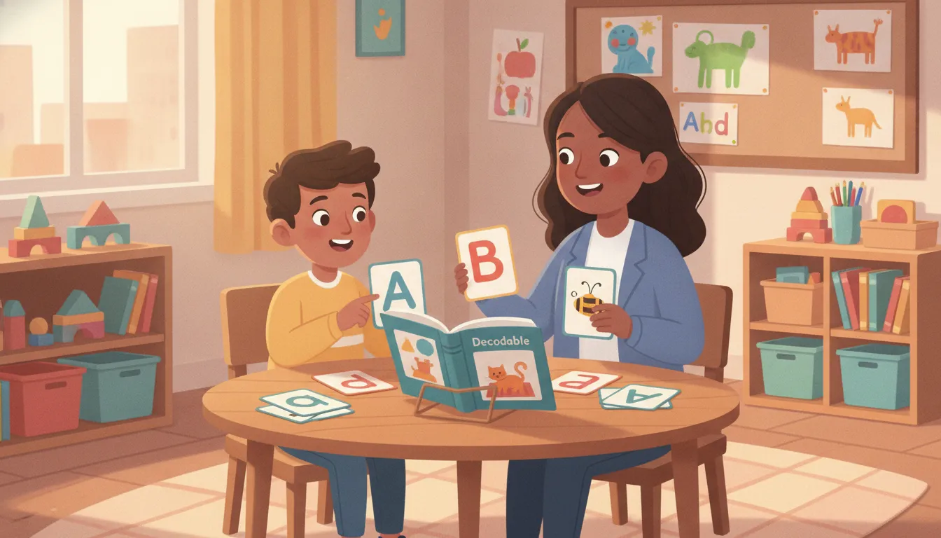 Child learning letter sounds with a teacher and decodable book