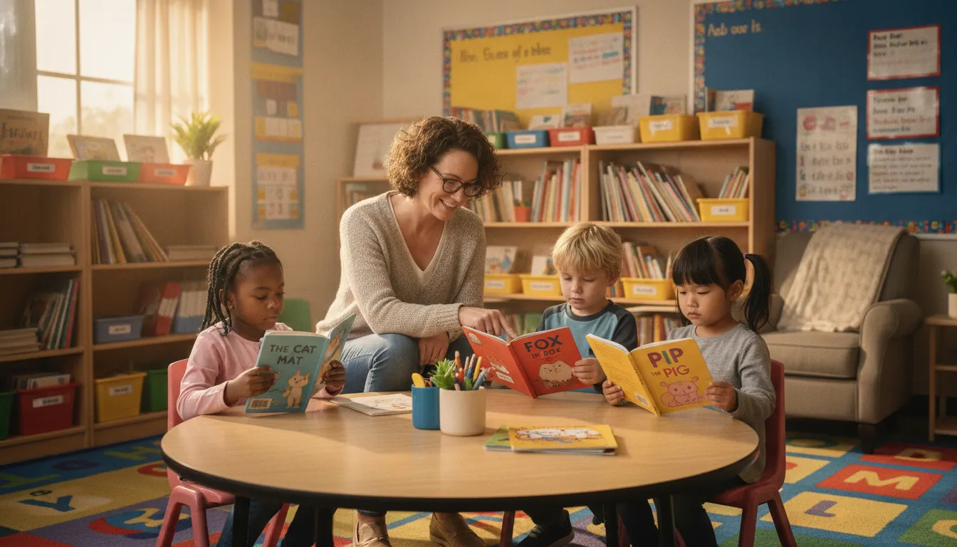 Elementary school teacher working with a small group of students reading decodable books at a classroom table