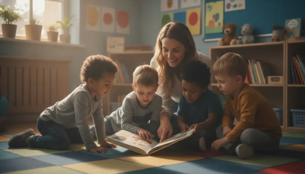 Teacher reading a decodable book with young students in a bright classroom