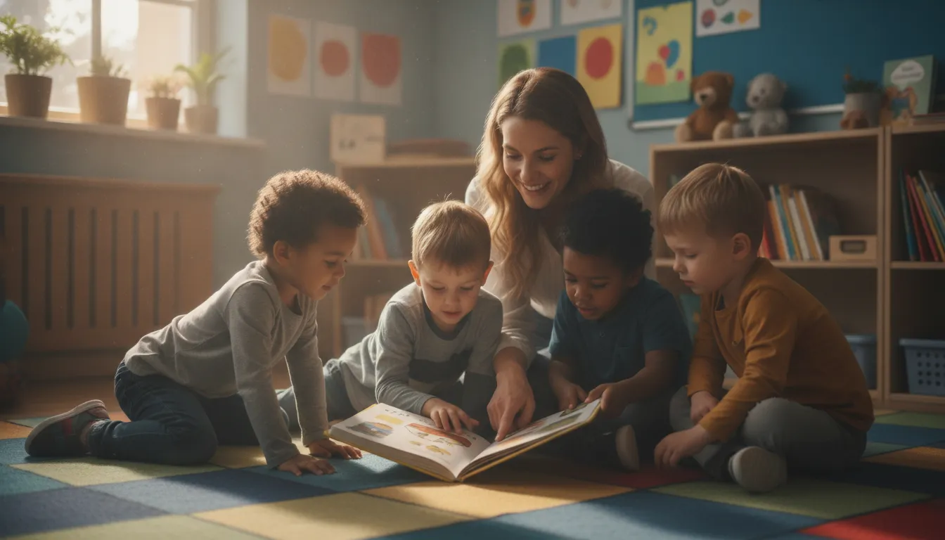 Teacher reading a decodable book with young students in a bright classroom