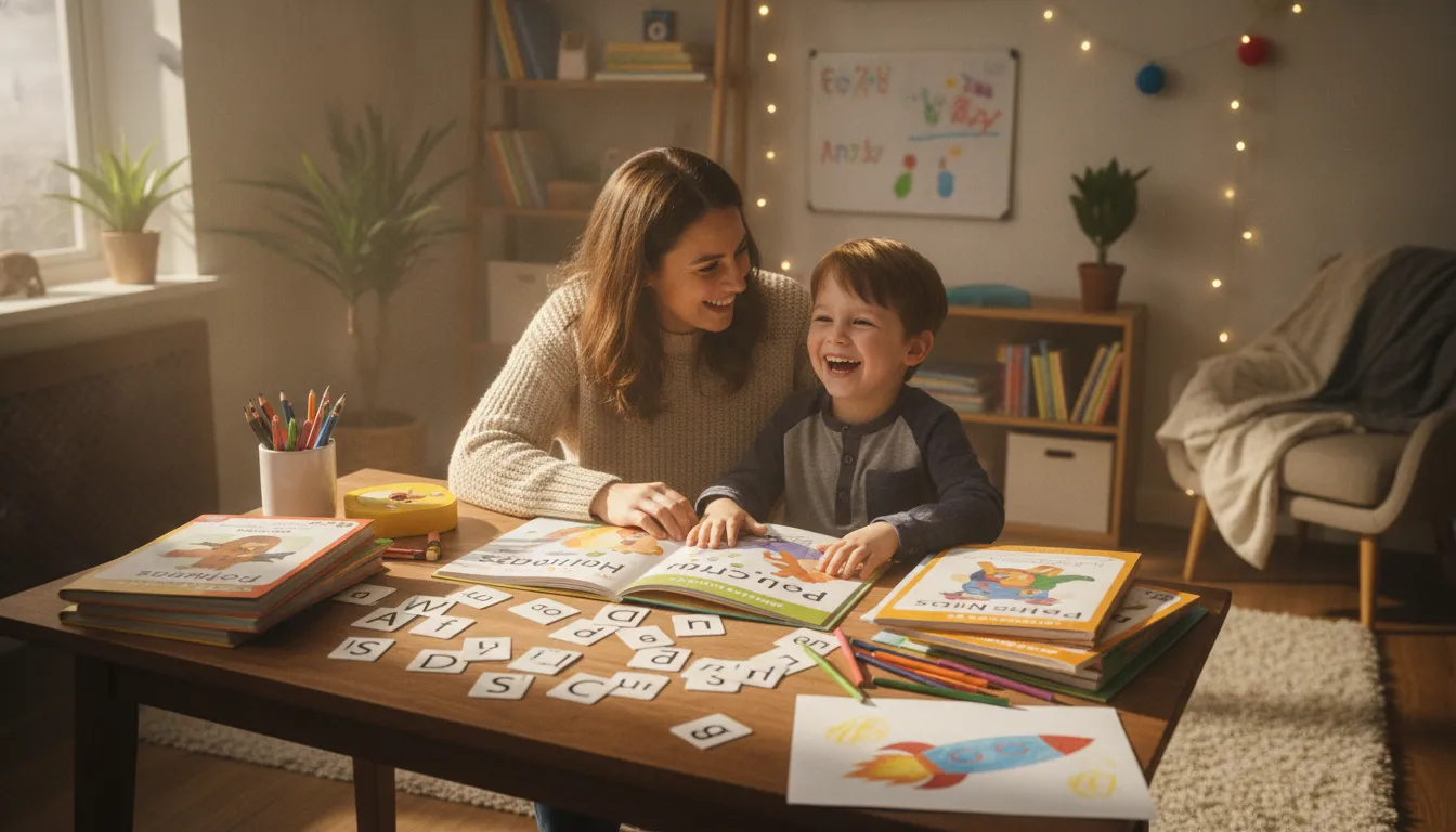 Parent and child learning phonics together at home with colorful letter cards and books