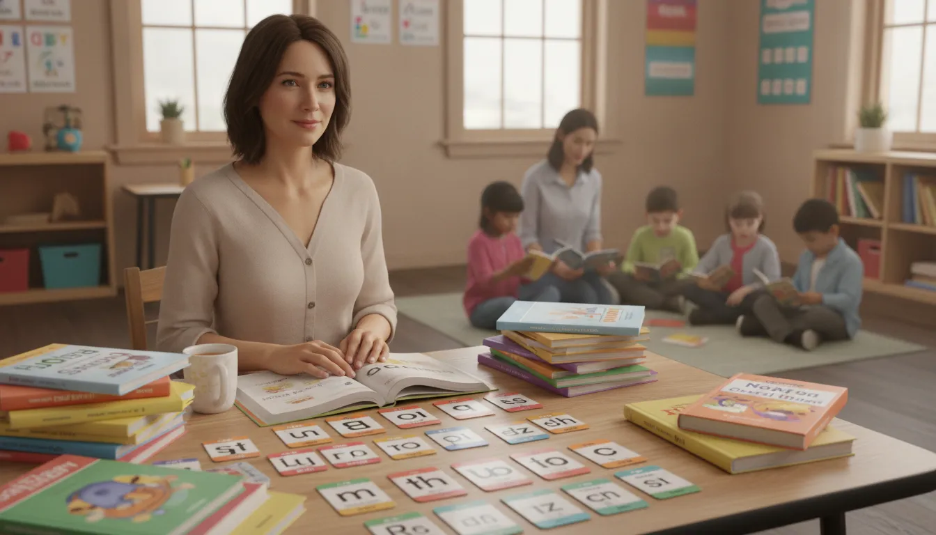 Teacher and child reading decodable books together at a table in a bright classroom