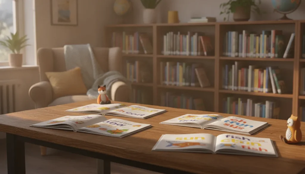 A children's decodable book open on a desk in a cozy classroom library