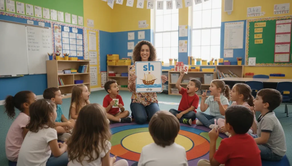 Teacher holding a phonics flashcard showing the sh digraph with a picture of a ship in a classroom