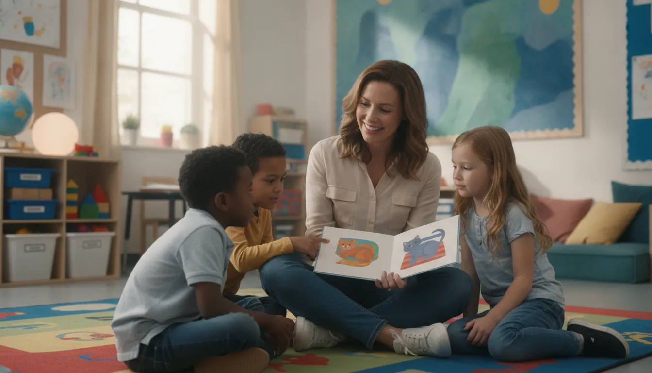 Teacher guiding students with decodable books in a classroom