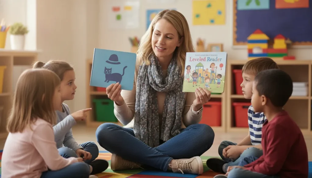 Elementary school teacher holding decodable phonics books while teaching a small group of young students