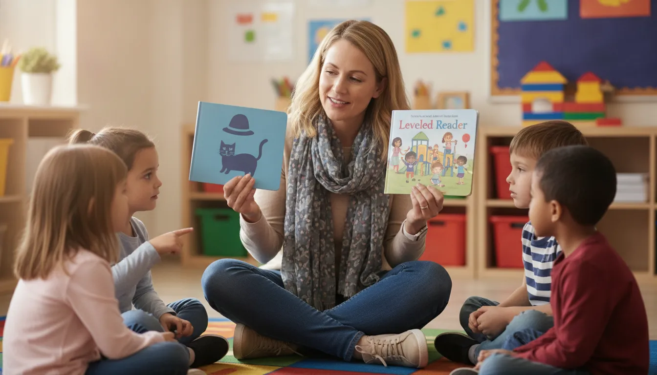 Elementary school teacher holding decodable phonics books while teaching a small group of young students