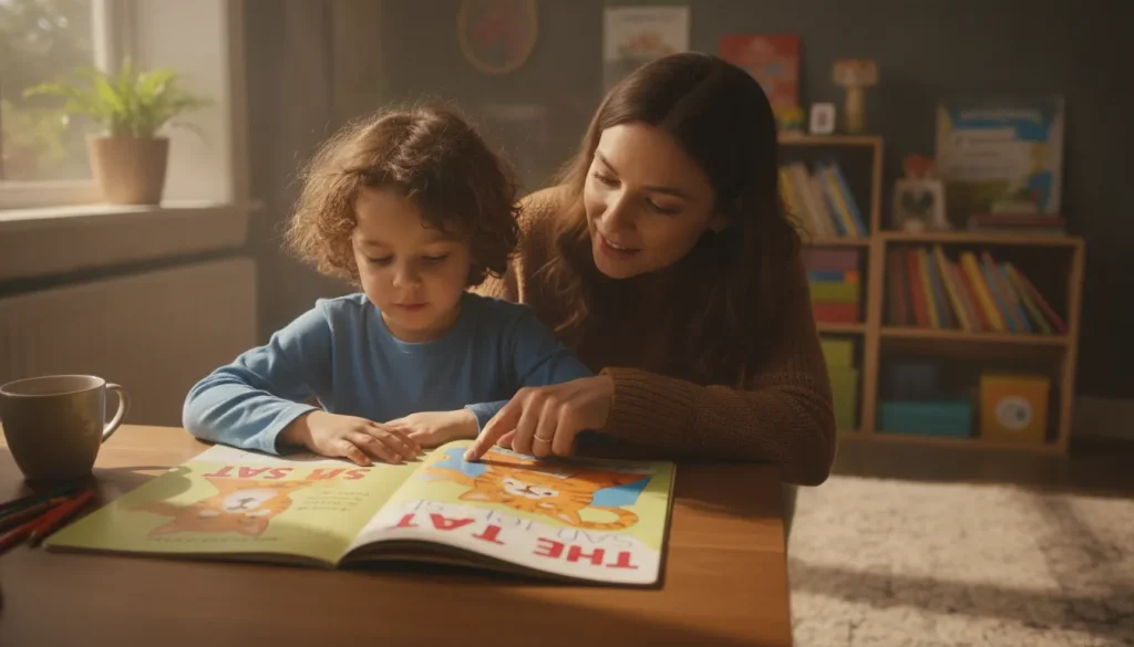 A young child reading a decodable book at home with a parent nearby in warm natural light