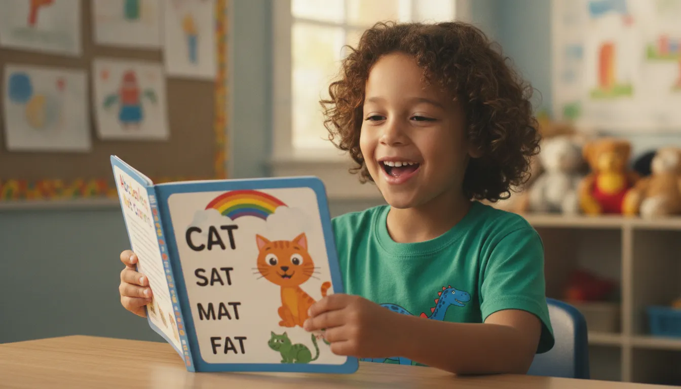 A child reading a colorful decodable book aloud at a table