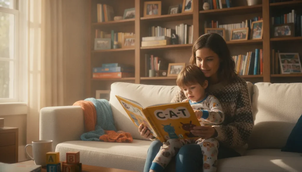 Parent reading a decodable book with their young child at home