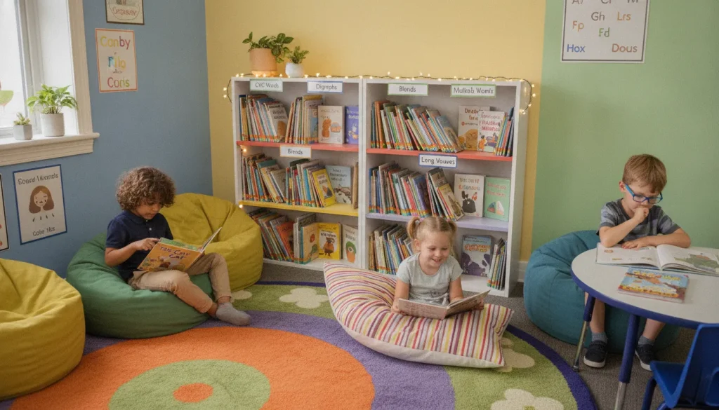 Classroom reading nook with decodable books arranged by phonics skill level
