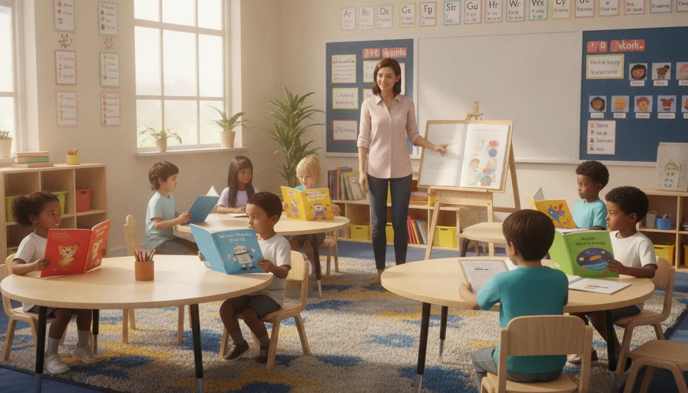 A classroom setting with a teacher guiding young students reading decodable books