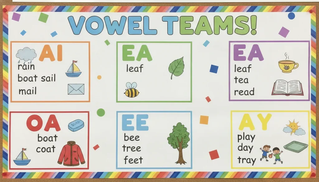 Colorful classroom anchor chart showing vowel team letter combinations with example words