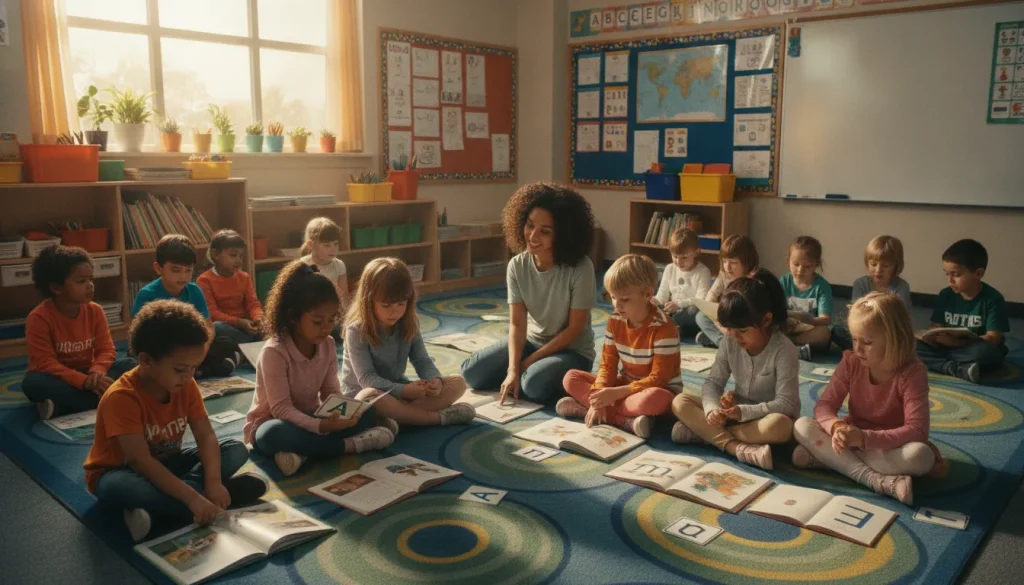 Children reading books on a classroom rug
