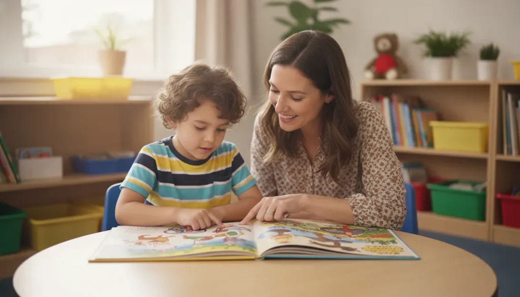 Teacher and young student reading a colorfully illustrated children's book together at a classroom table