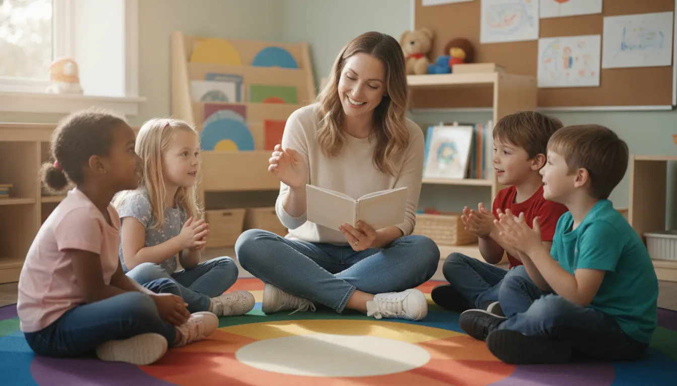 A kindergarten teacher reading a picture book aloud to a small group of children on a classroom rug