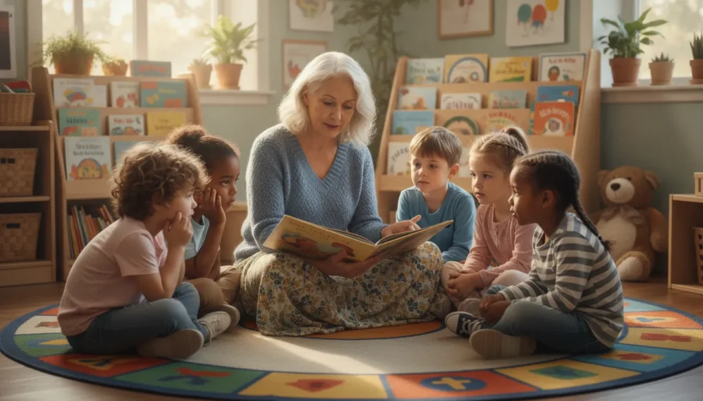 Teacher reading aloud to young students gathered on a classroom rug