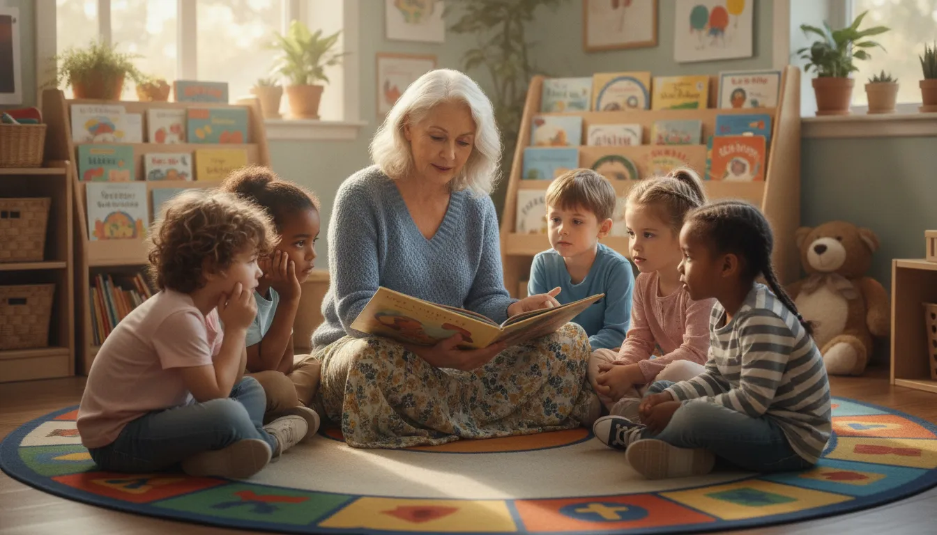 Teacher reading aloud to young students gathered on a classroom rug