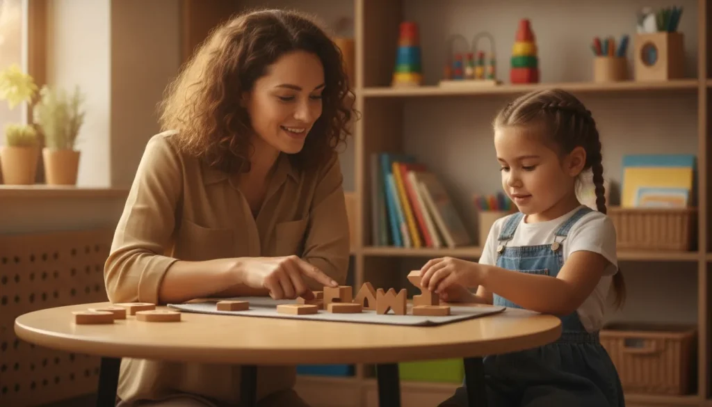 Teacher guiding a child through hands-on phonics practice with letter tiles