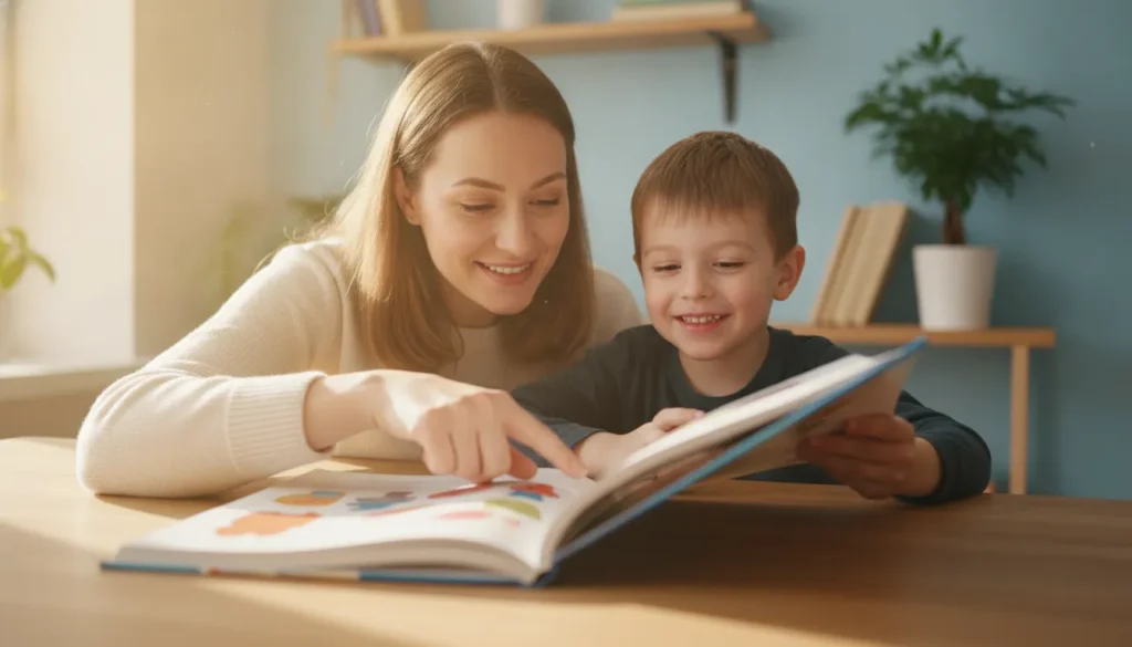 Parent and child reading a decodable book together at home
