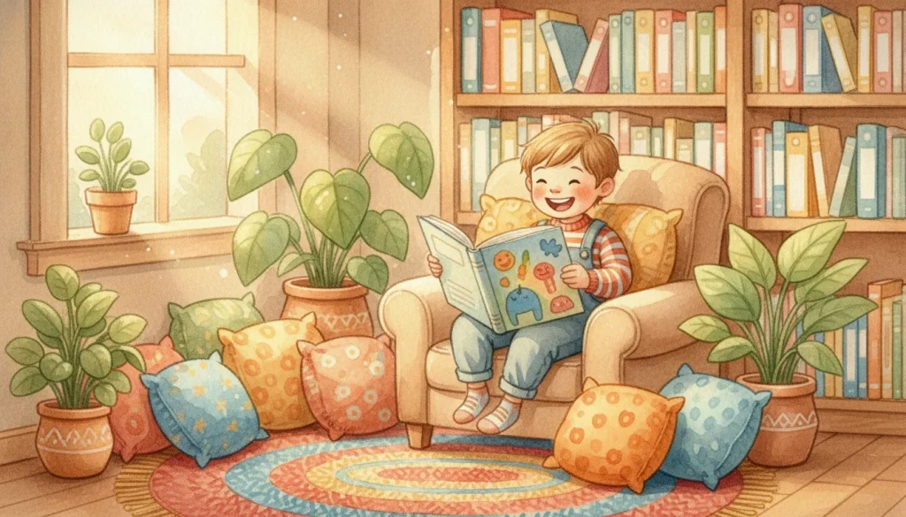 Watercolor illustration of a young child reading a book in a cozy library corner with plants and pillows