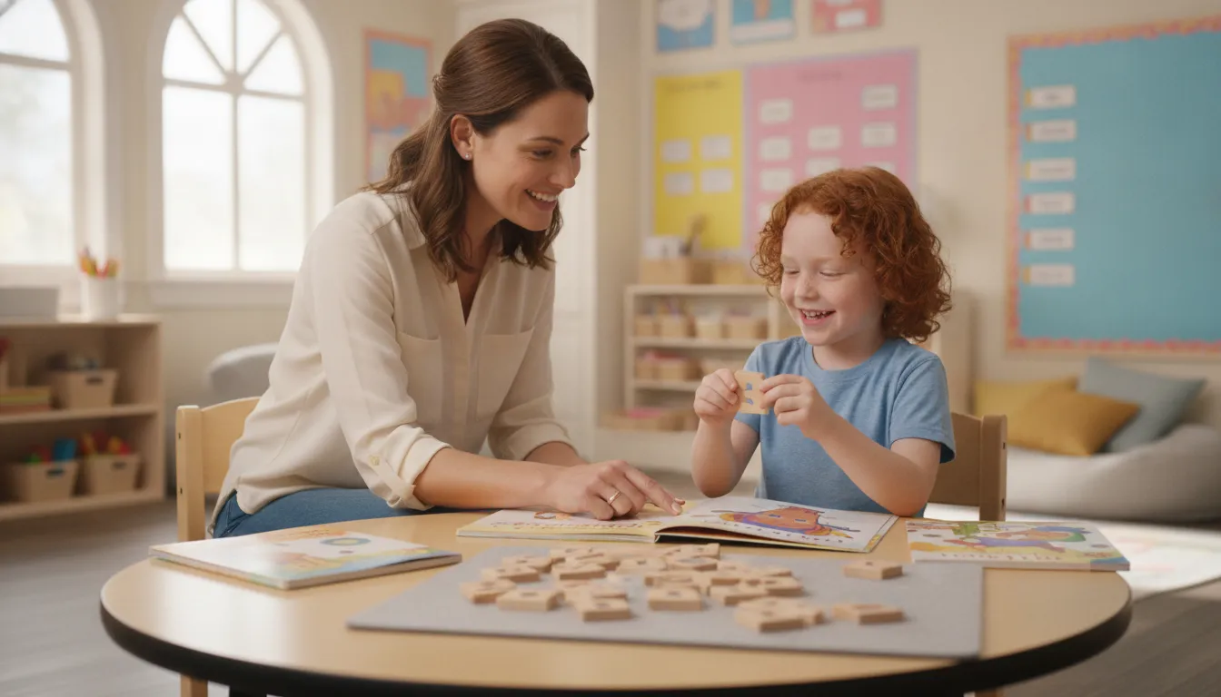 Teacher and young student practicing phonics with decodable books in a bright classroom