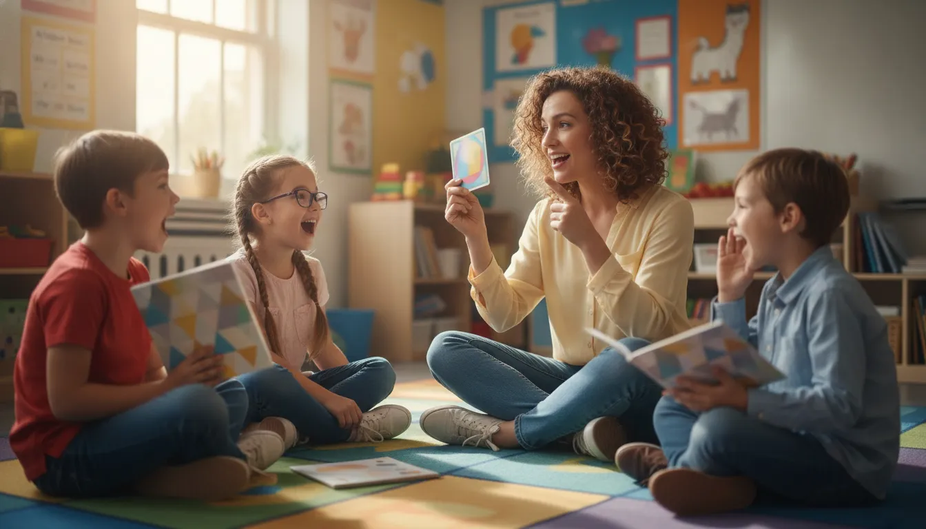 Teacher guiding children through oral sound practice and decodable book reading
