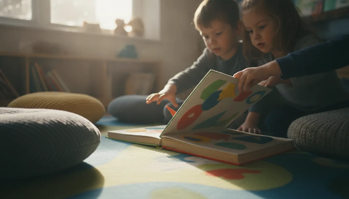 Children's hands turning colorful book pages on a classroom rug in a cozy reading corner with warm natural lighting