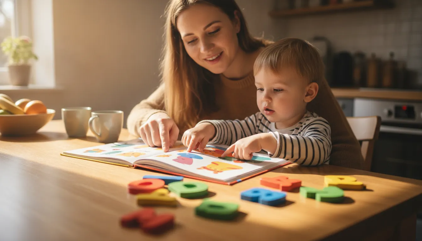 Child reading a phonics book with an adult