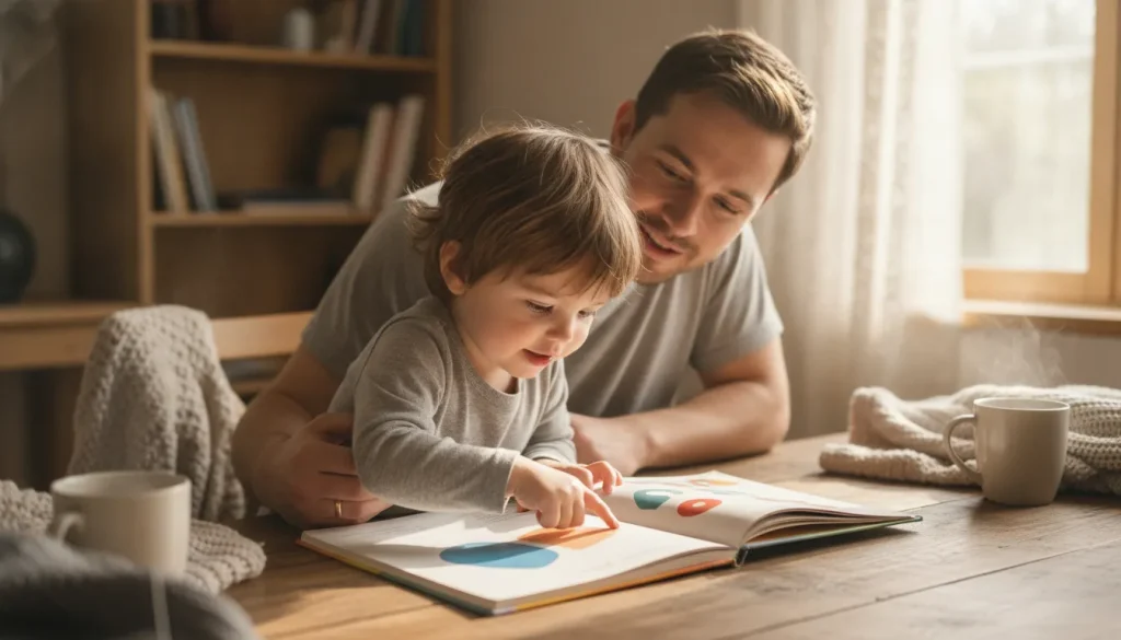 A parent and young child reading a decodable book together at a table
