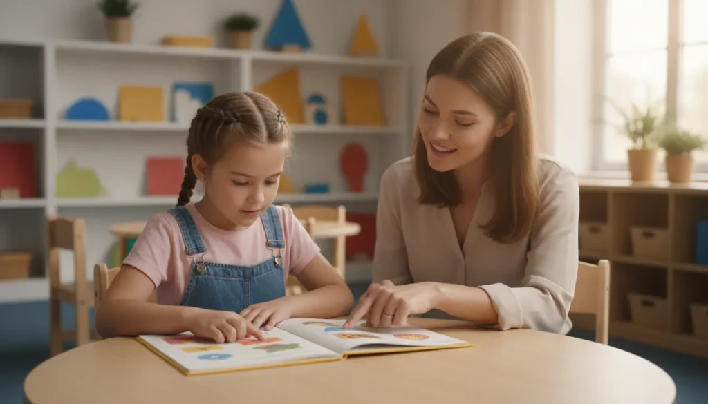 A teacher kneeling beside a young student reading a decodable picture book at a classroom table
