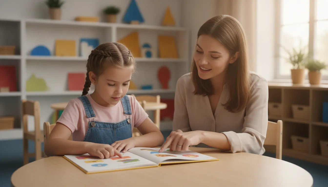 A teacher kneeling beside a young student reading a decodable picture book at a classroom table