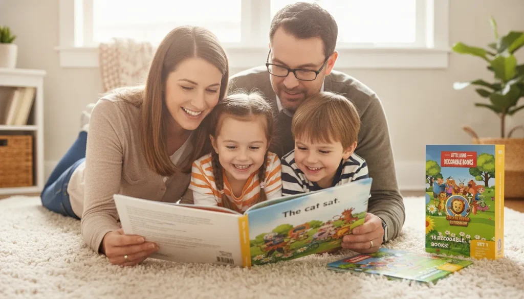 Parents helping a child read struggling reader books on the floor.