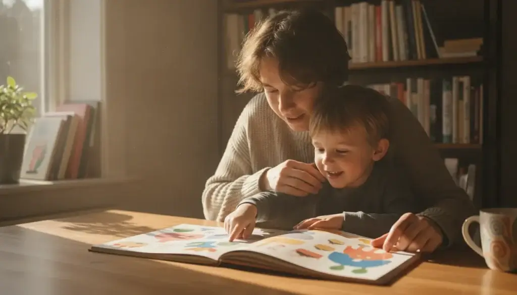 A parent and child reading decodable books together at a bright home table