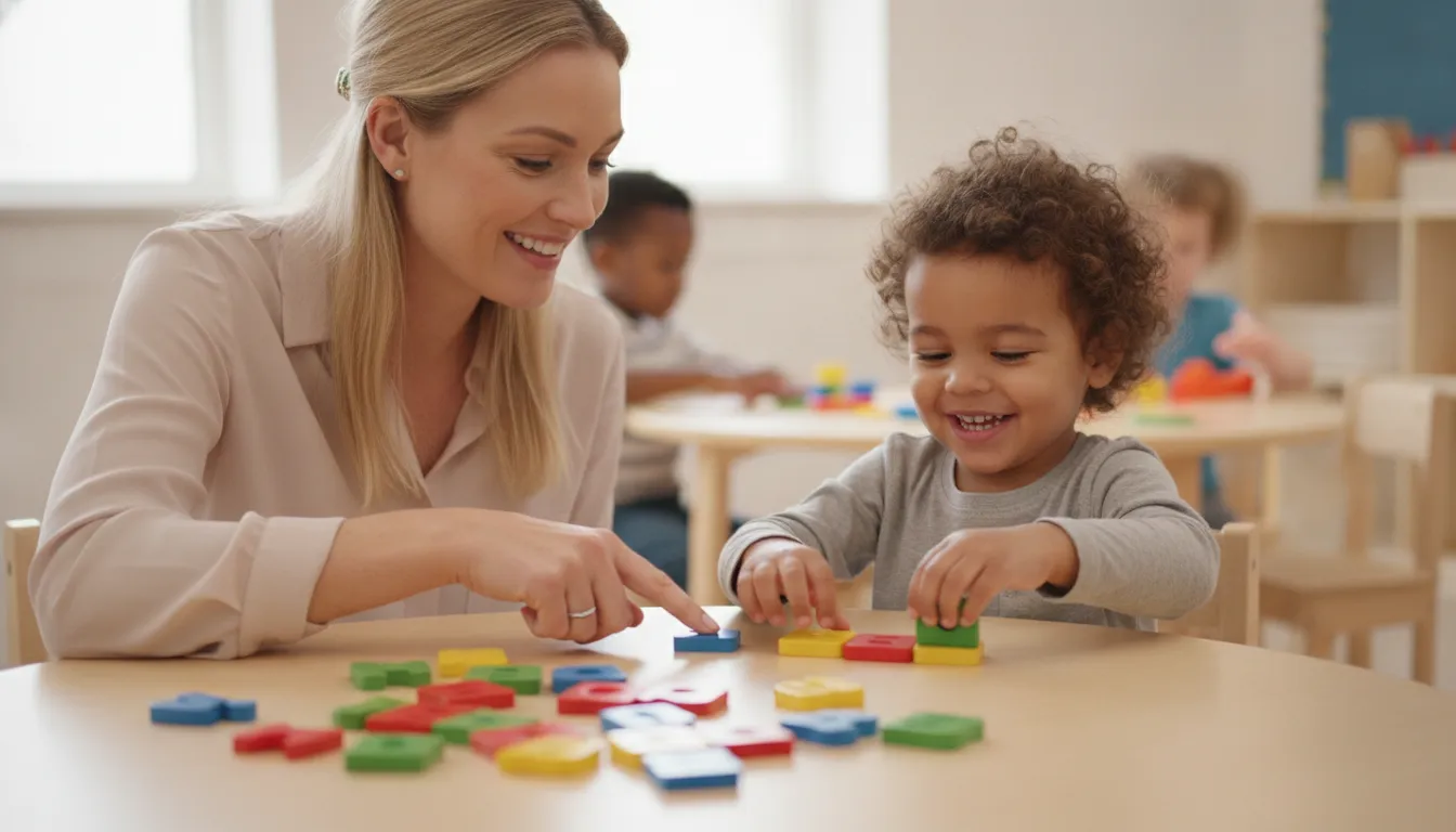 Teacher and child practicing long-vowel decoding with unmarked letter tiles