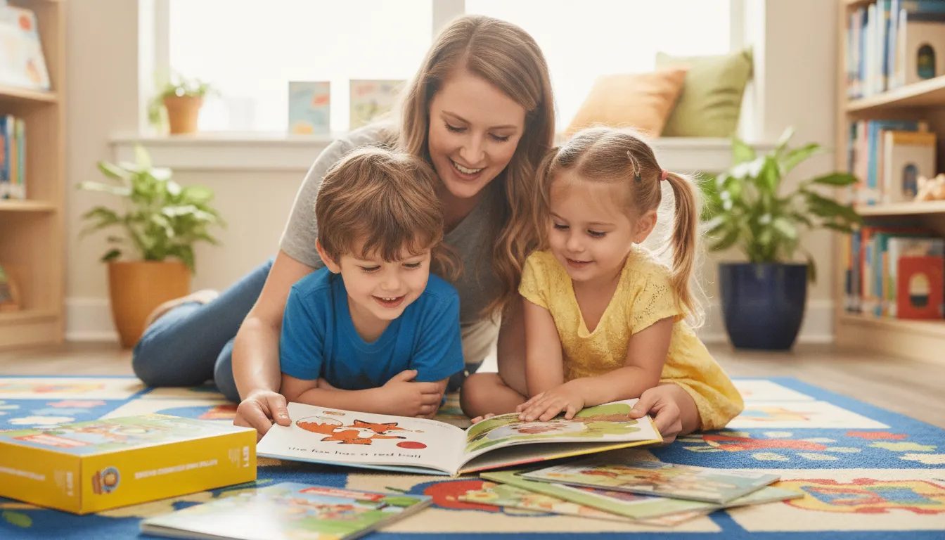 Teacher guiding a child through hands-on CVC word practice with plain letter tiles