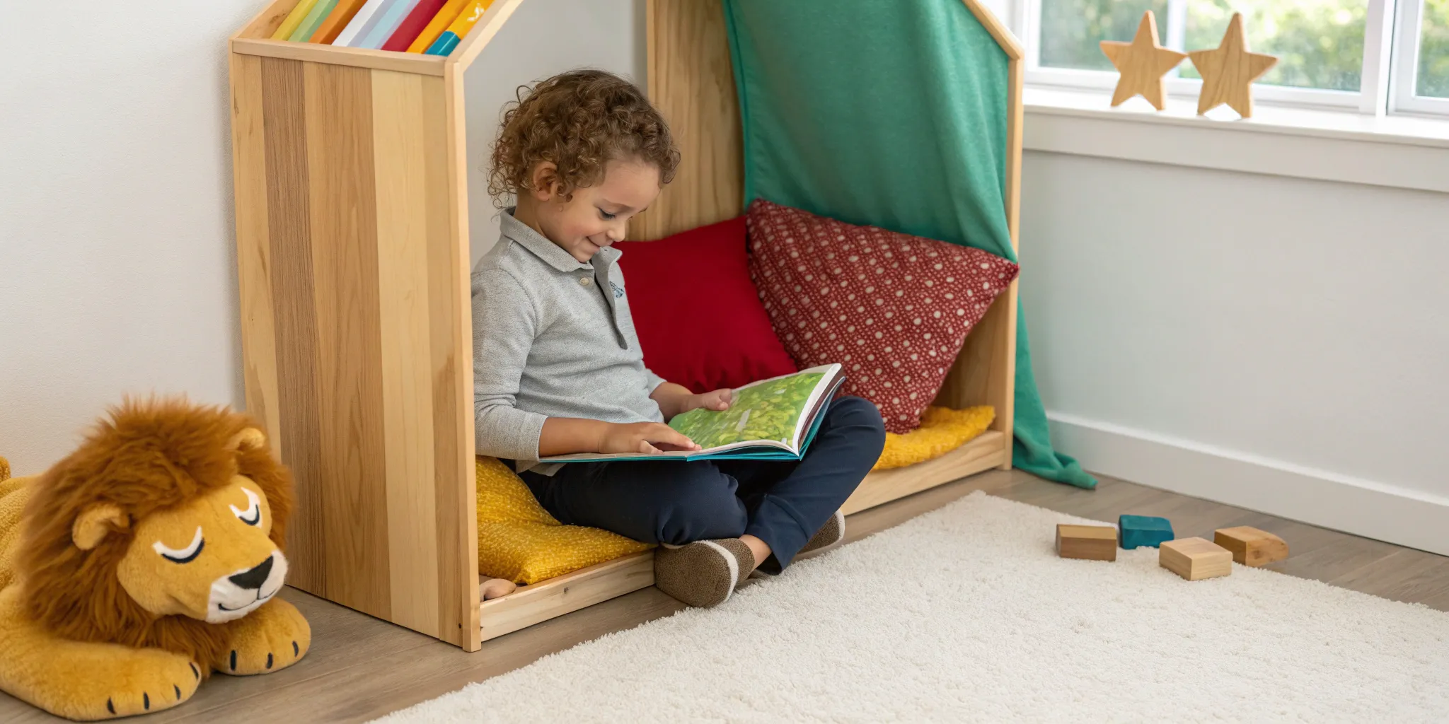 Kindergarten child reading a book using CVC word passages.