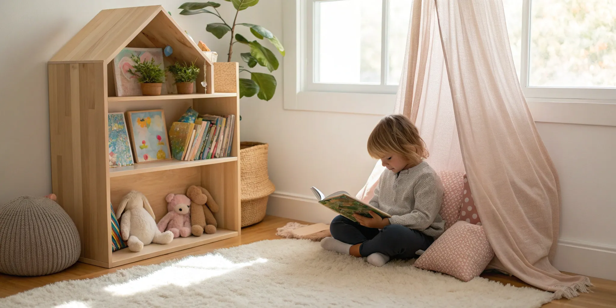 Young reader enjoys a book in cozy nook.