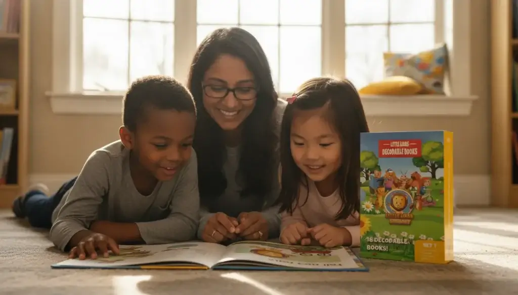 Teacher guiding a small group through phonics reading practice