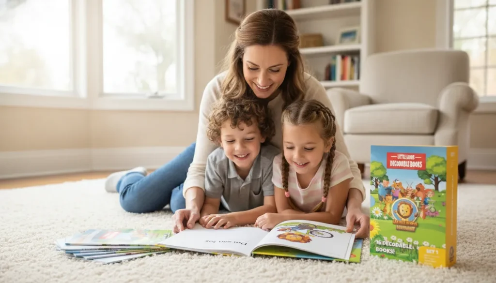 Teacher guiding a child through phonics reading practice with letter tiles