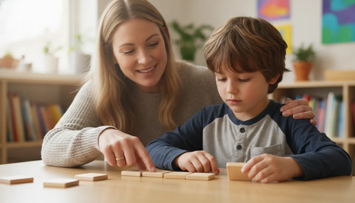 Teacher guiding a child through phonics word building