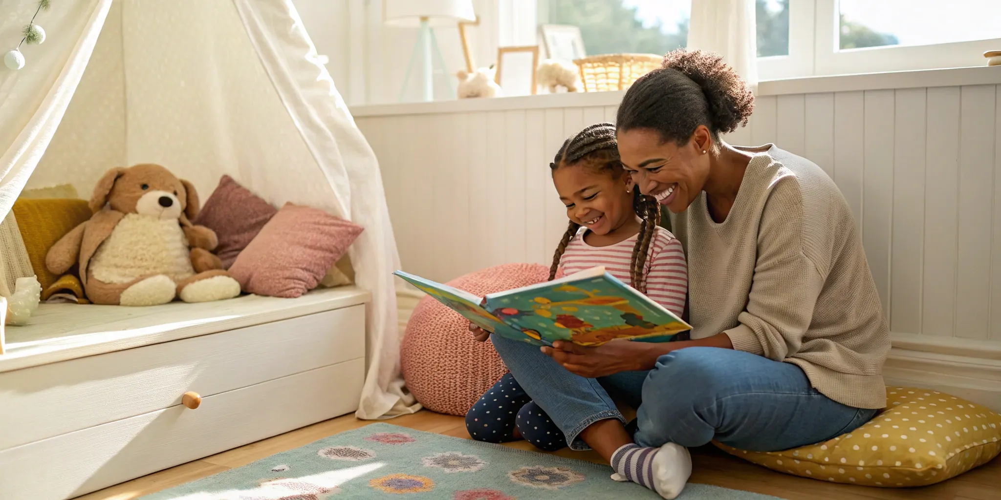 A young girl and her mother reading a free printable CVC book for beginners.